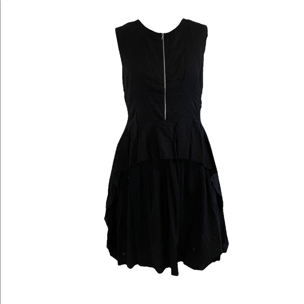 Lela Rose black cotton swiss dot dress with front flounce and zipper front